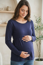 Navy Scoop Neck Long Sleeve Ruched Maternity Top
