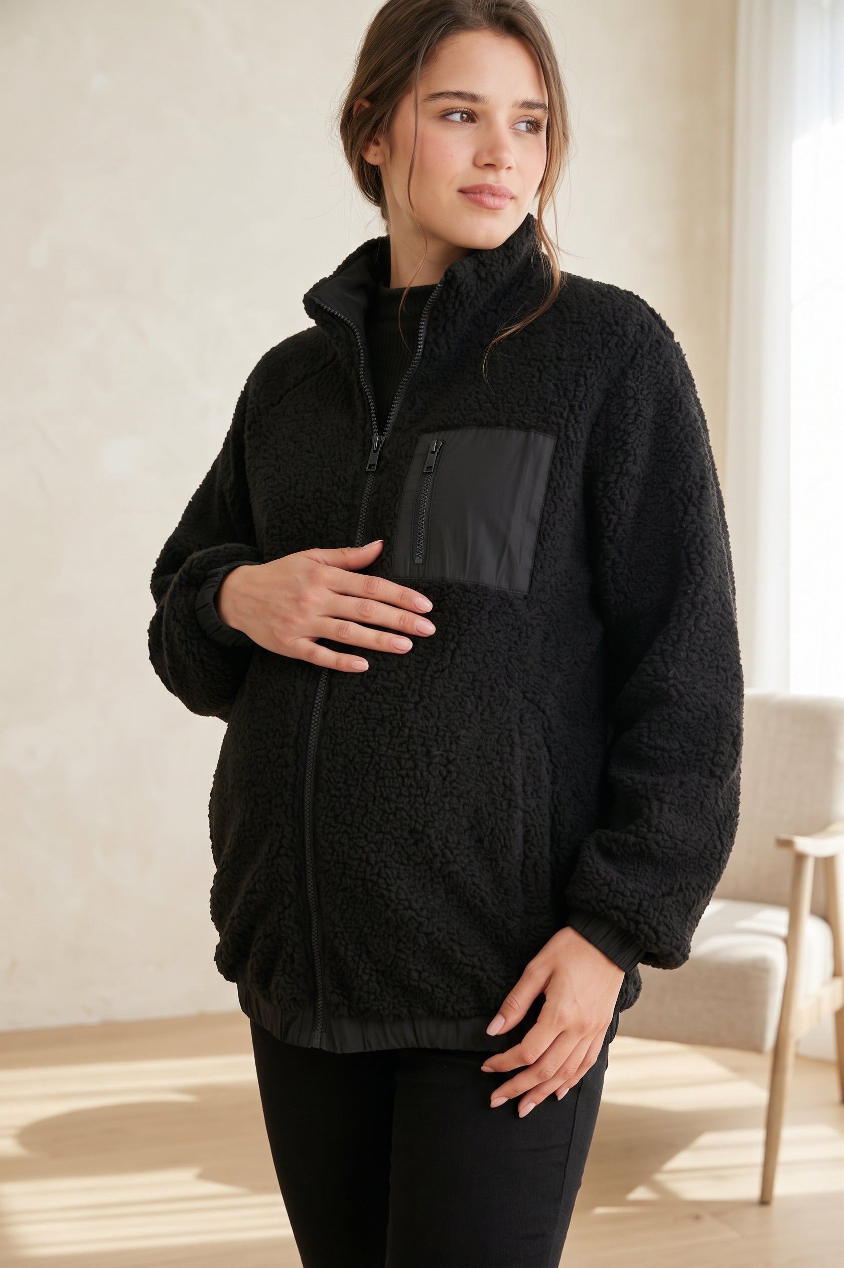 Black Teddy Zip Up Maternity Fleece Jacket Lifestyle Front View