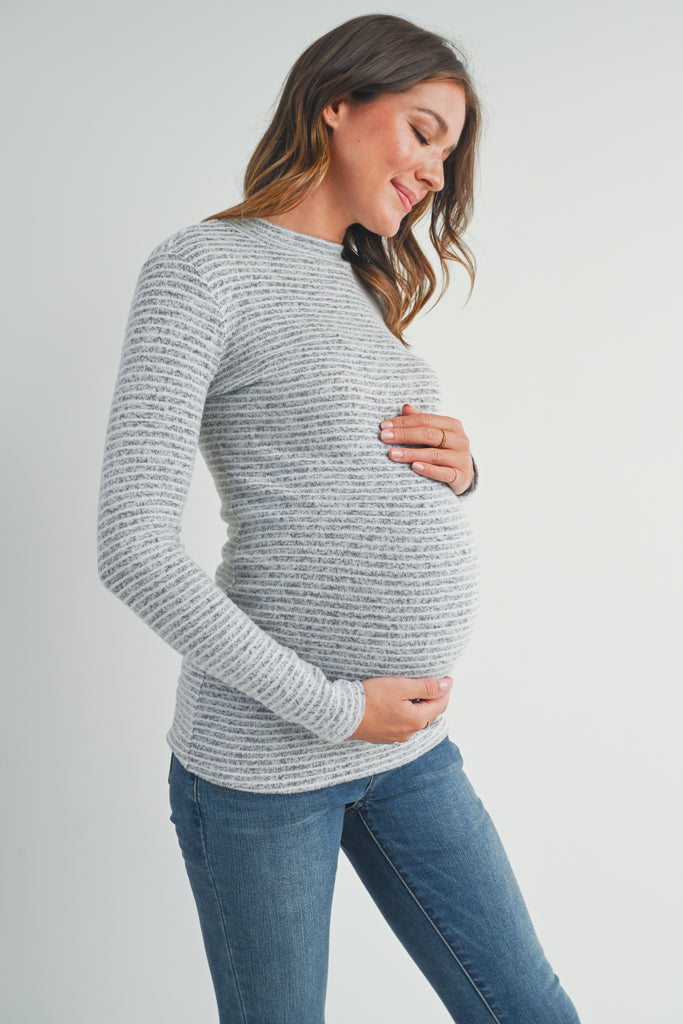 Heather Grey Striped Mock Neck Long Sleeve Maternity Top Side