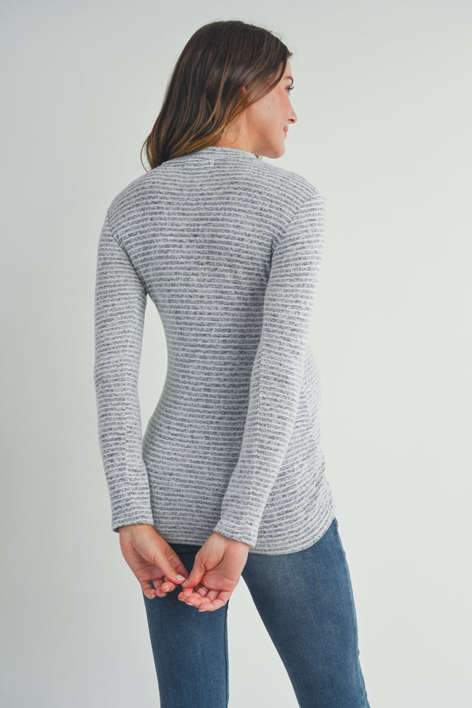 Heather Grey Striped Mock Neck Long Sleeve Maternity Top Back