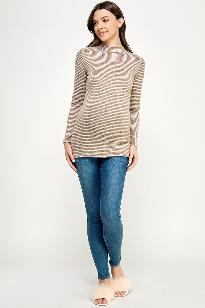 Taupe Striped Mock Neck Long Sleeve Maternity Top Full Body