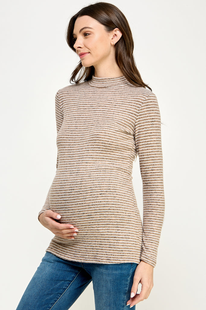 Taupe Striped Mock Neck Long Sleeve Maternity Top Side