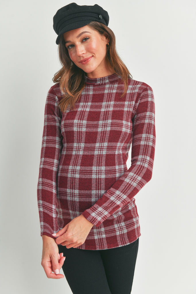 Burgundy Plaid Mock Neck Long Sleeve Maternity Knit Top Front