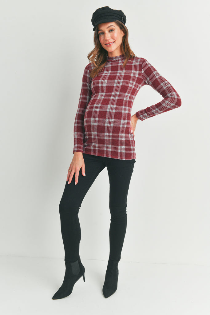 Burgundy Plaid Mock Neck Long Sleeve Maternity Knit Top Full Body