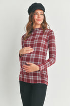 Burgundy Plaid Mock Neck Long Sleeve Maternity Knit Top Front