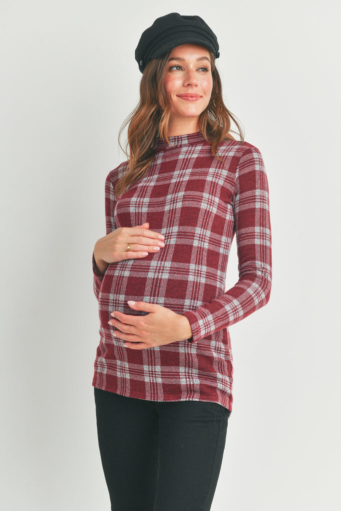 Burgundy Plaid Mock Neck Long Sleeve Maternity Knit Top Front