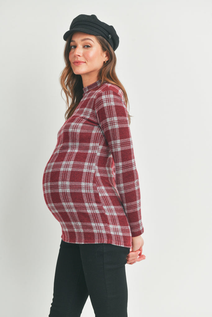 Burgundy Plaid Mock Neck Long Sleeve Maternity Knit Top Side