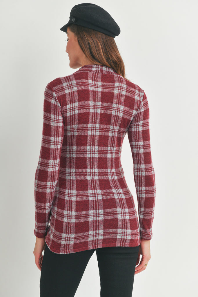 Burgundy Plaid Mock Neck Long Sleeve Maternity Knit Top Back