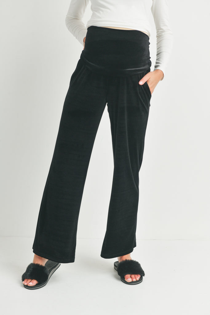 Black Velvet Straight Leg Maternity Yoga Pants Front