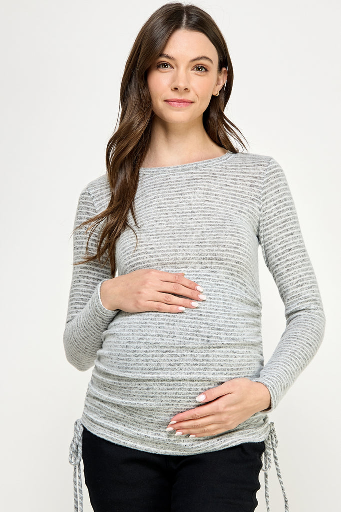 Heather Grey Stripe Adjustable Drawstring Maternity Shirts Front