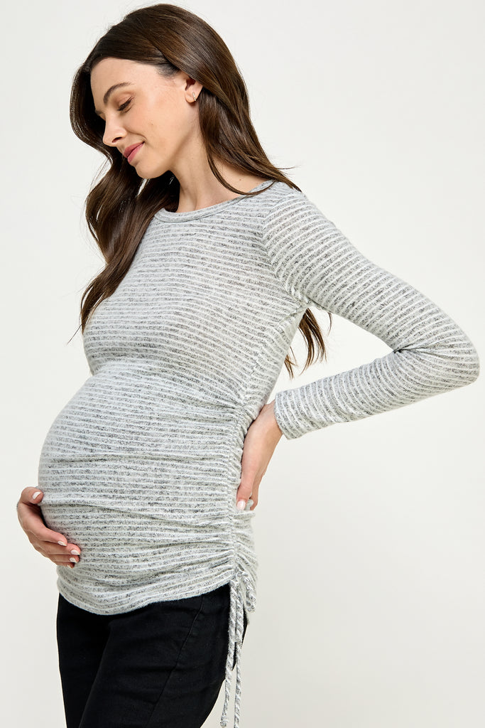 Heather Grey Stripe Adjustable Drawstring Maternity Shirts Side