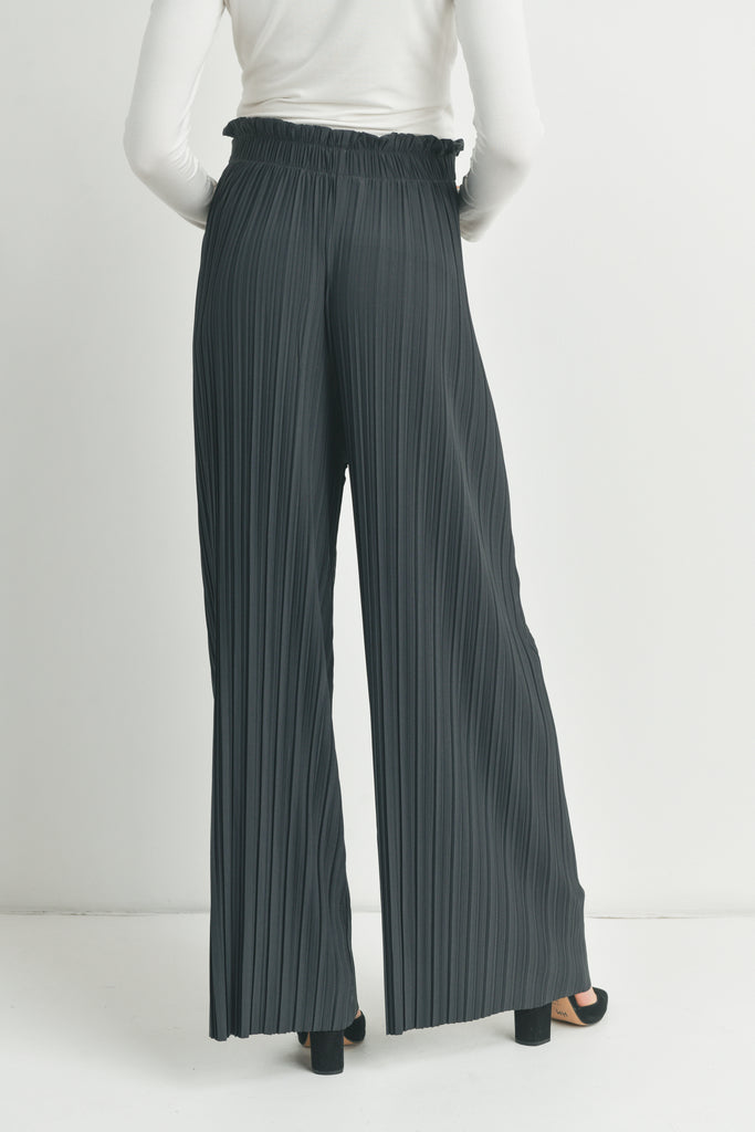 Dark Grey Pleated Wide Maternity Pants with Belt Tie Back