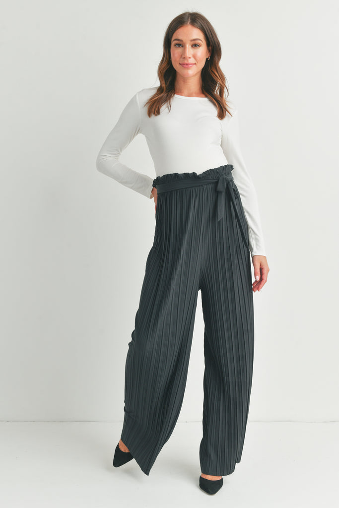Dark Grey Pleated Wide Maternity Pants with Belt Tie Full Body