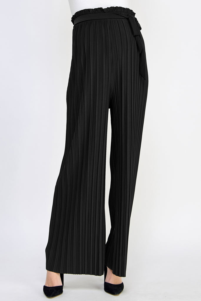 Black Pleated Wide Maternity Pants with Belt Tie Front