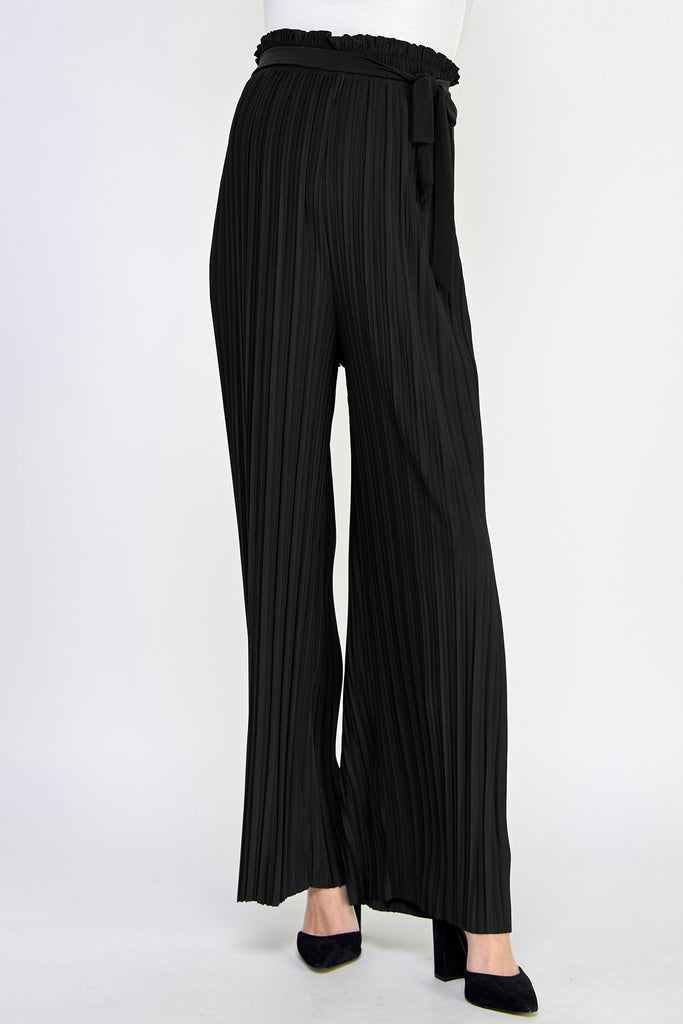 Black Pleated Wide Maternity Pants with Belt Tie Front