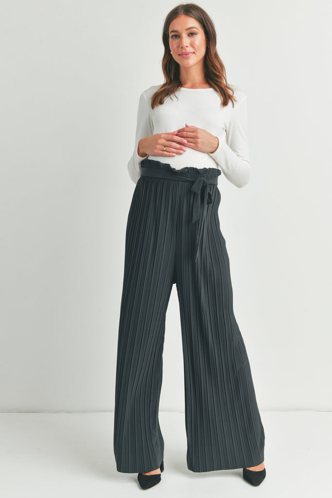 Dark Grey Pleated Wide Maternity Pants with Belt Tie Full Body