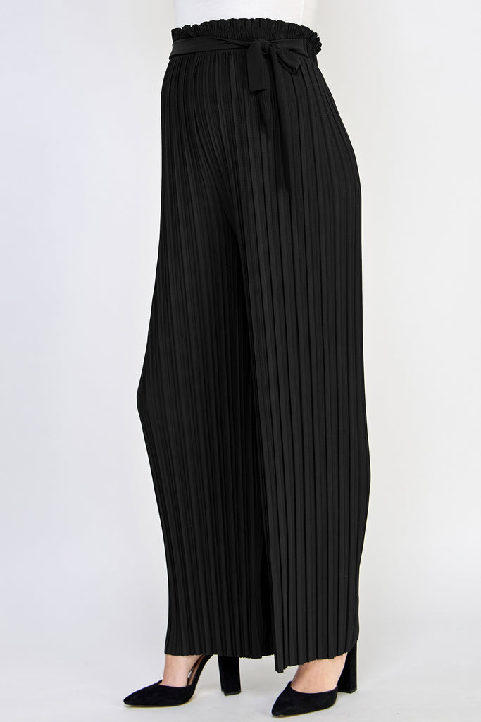 Black Pleated Wide Maternity Pants with Belt Tie Side