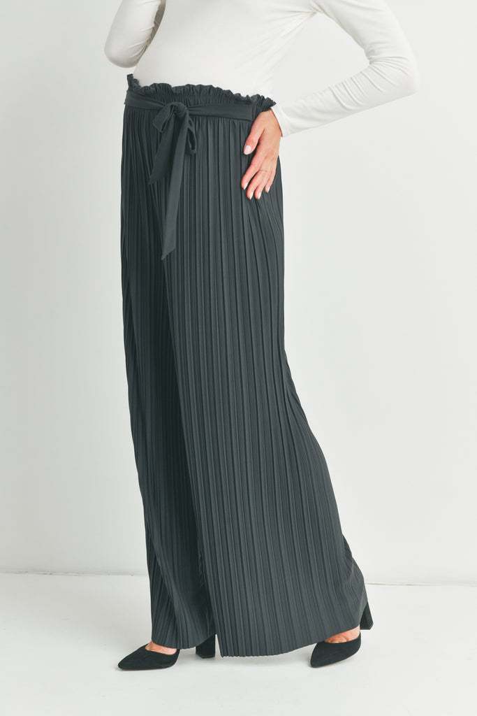 Dark Grey Pleated Wide Maternity Pants with Belt Tie Side