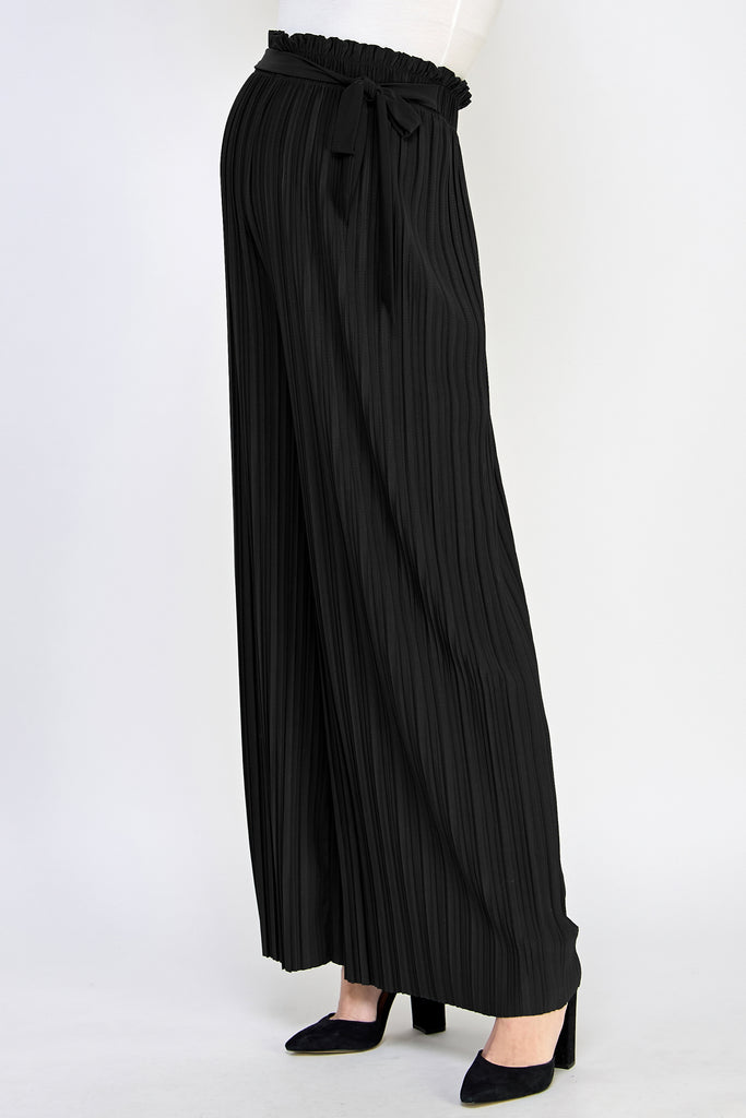 Black Pleated Wide Maternity Pants with Belt Tie Side