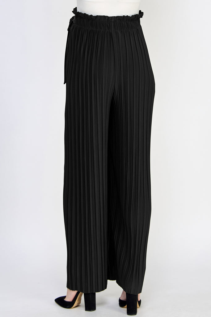 Black Pleated Wide Maternity Pants with Belt Tie Back