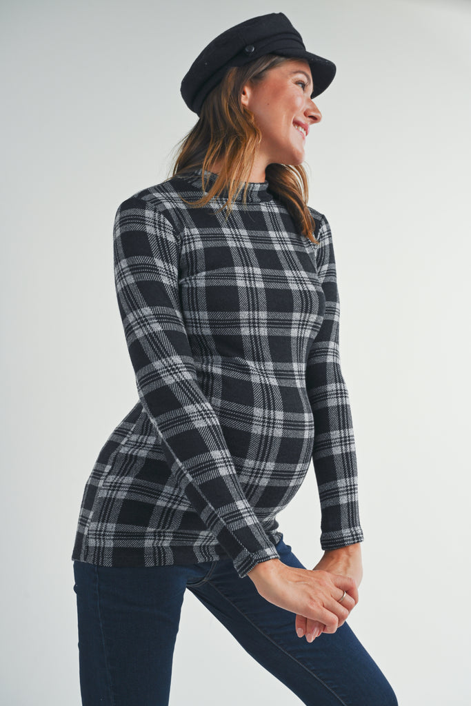 Black Plaid Mock Neck Long Sleeve Maternity Knit Top Side