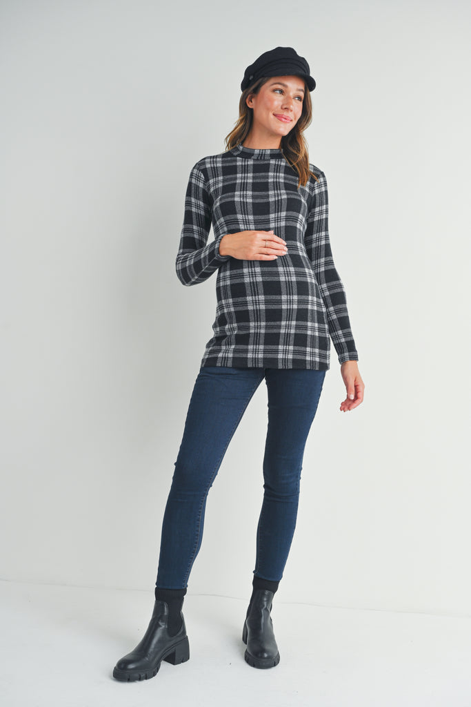 Black Plaid Mock Neck Long Sleeve Maternity Knit Top Full Body