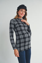 Black Plaid Mock Neck Long Sleeve Maternity Knit Top Front