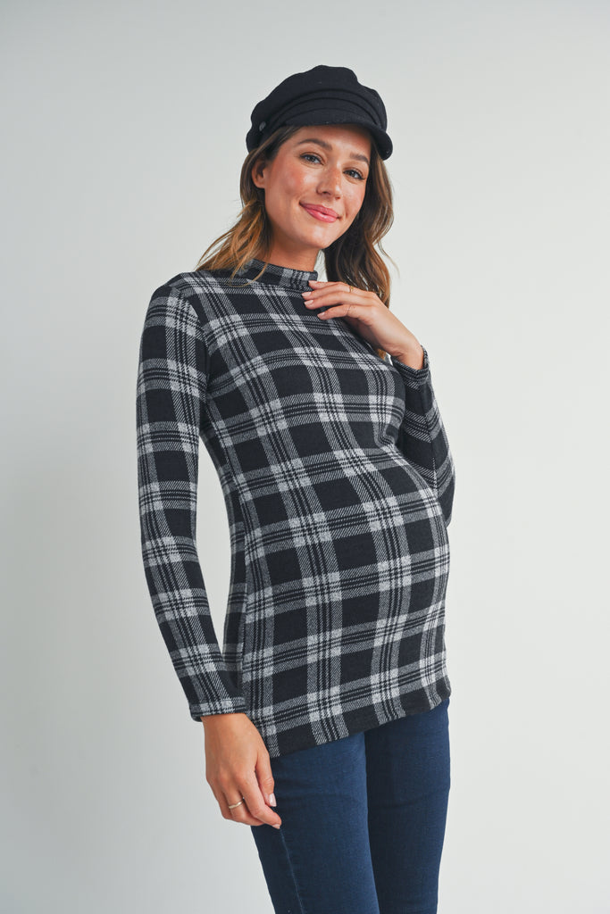 Black Plaid Mock Neck Long Sleeve Maternity Knit Top Front