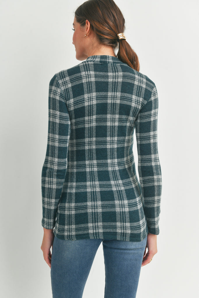 Green Plaid Mock Neck Long Sleeve Maternity Knit Top Back