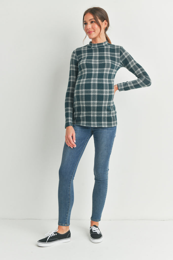 Green Plaid Mock Neck Long Sleeve Maternity Knit Top Full Body