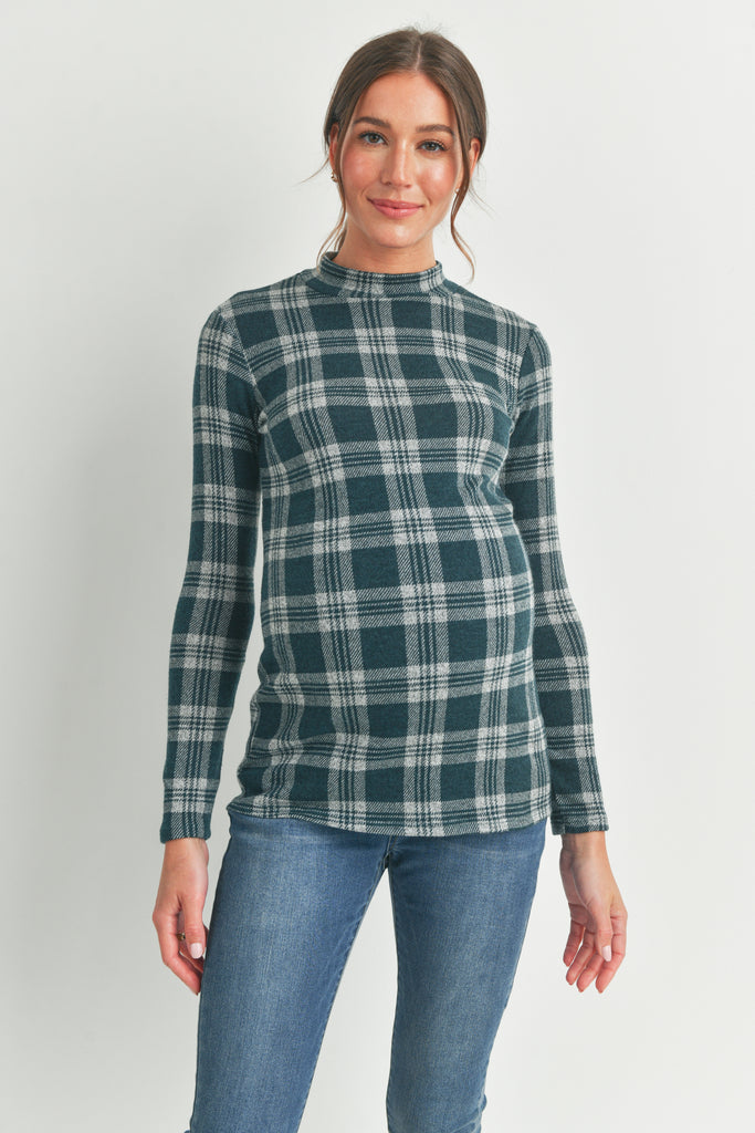 Green Plaid Mock Neck Long Sleeve Maternity Knit Top Front