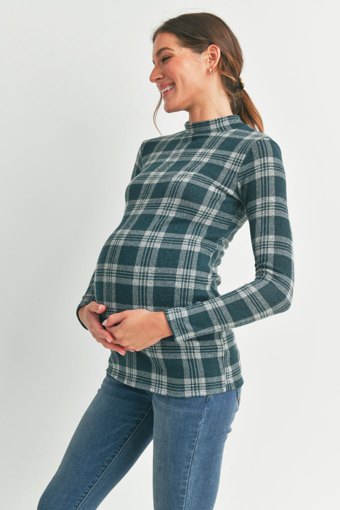 Green Plaid Mock Neck Long Sleeve Maternity Knit Top Side