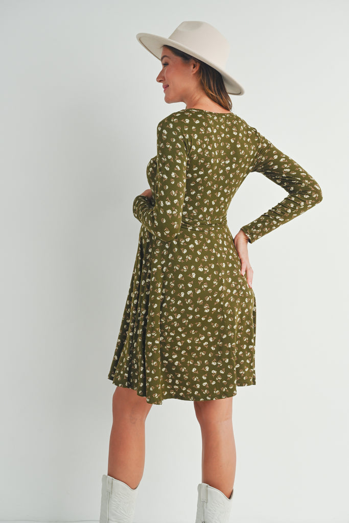 Olive Floral Maternity Skate Dress with Belt Back