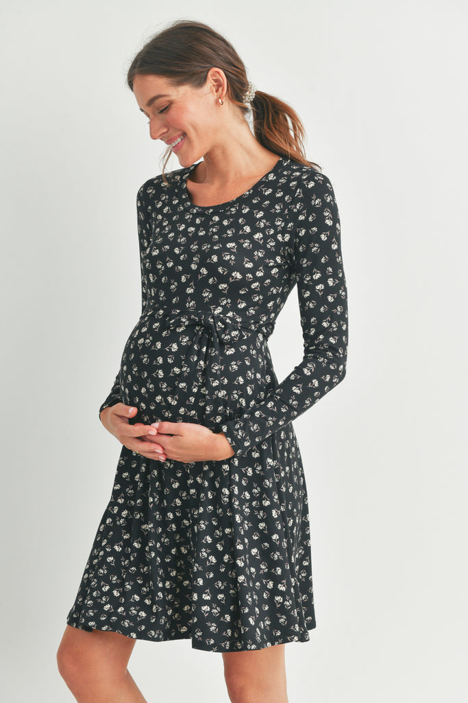 Black Floral Maternity Skate Dress with Belt Side