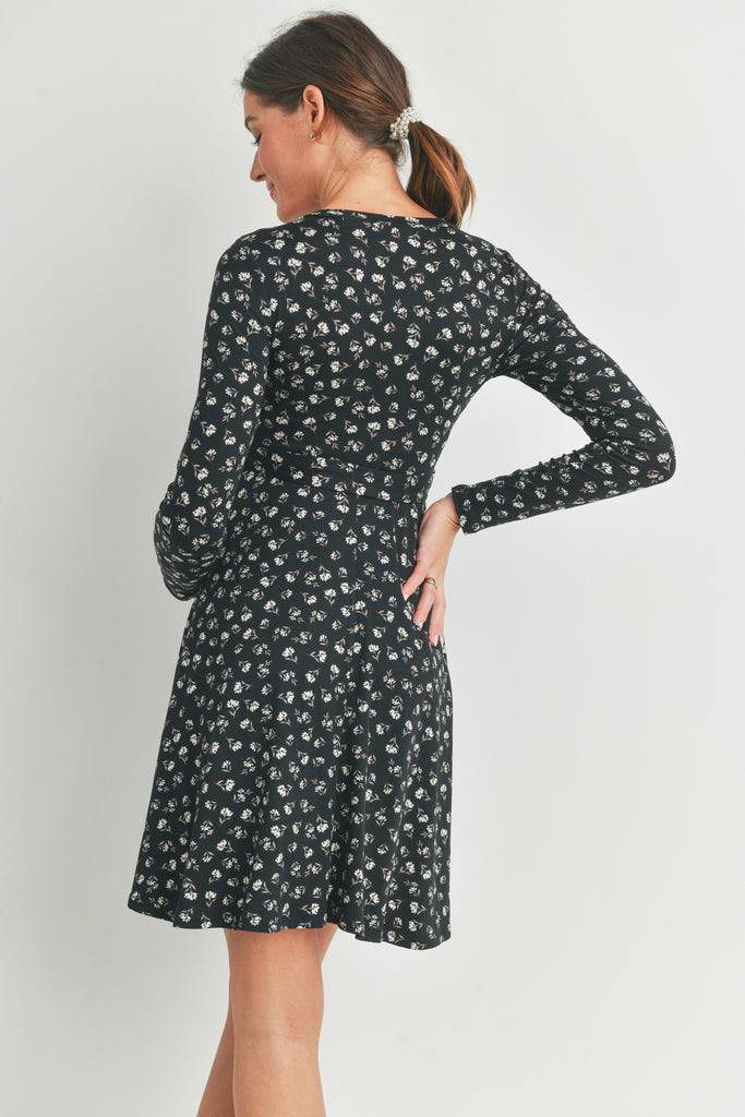 Black Floral Maternity Skate Dress with Belt Back