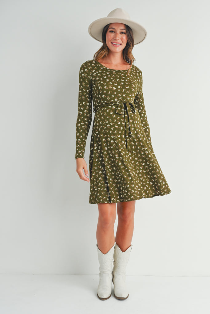 Olive Floral Maternity Skate Dress with Belt Full Body