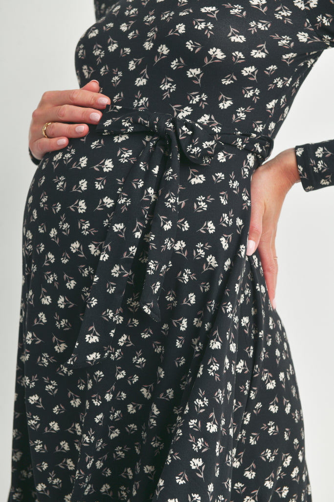 Black Floral Maternity Skate Dress with Belt Detail