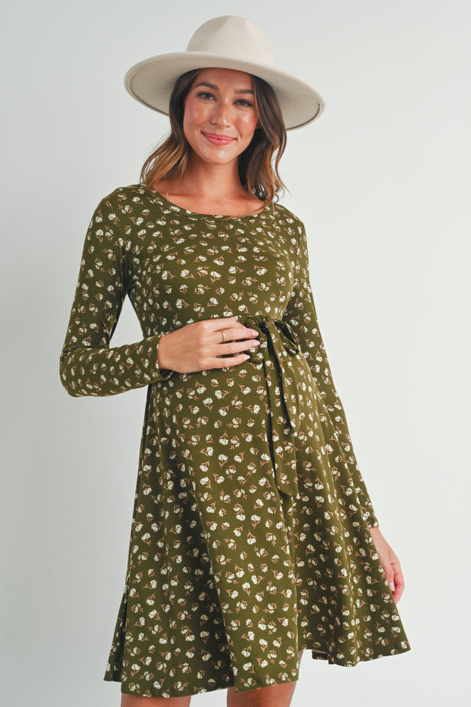 Olive Floral Maternity Skate Dress with Belt Front