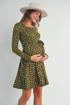 Olive Floral Maternity Skate Dress with Belt Side