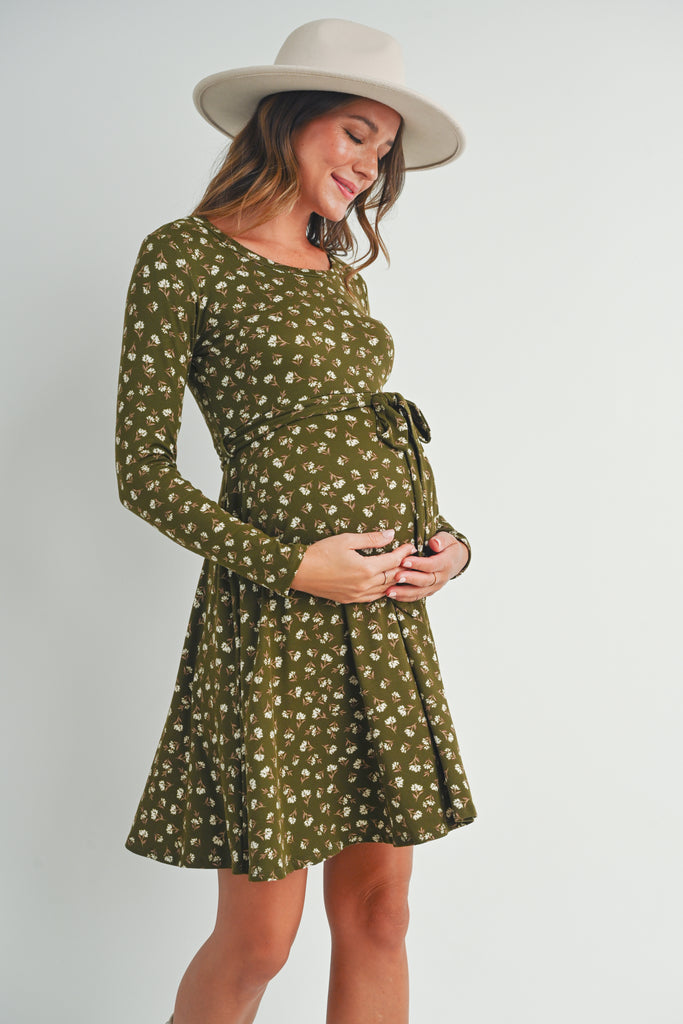 Olive Floral Maternity Skate Dress with Belt Side