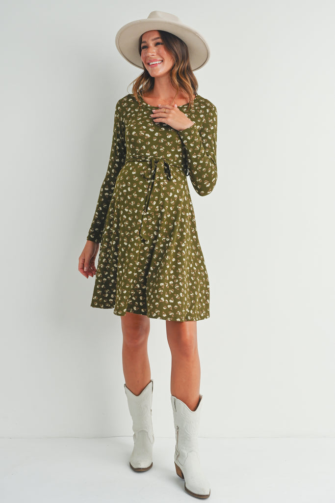 Olive Floral Maternity Skate Dress with Belt Full Body