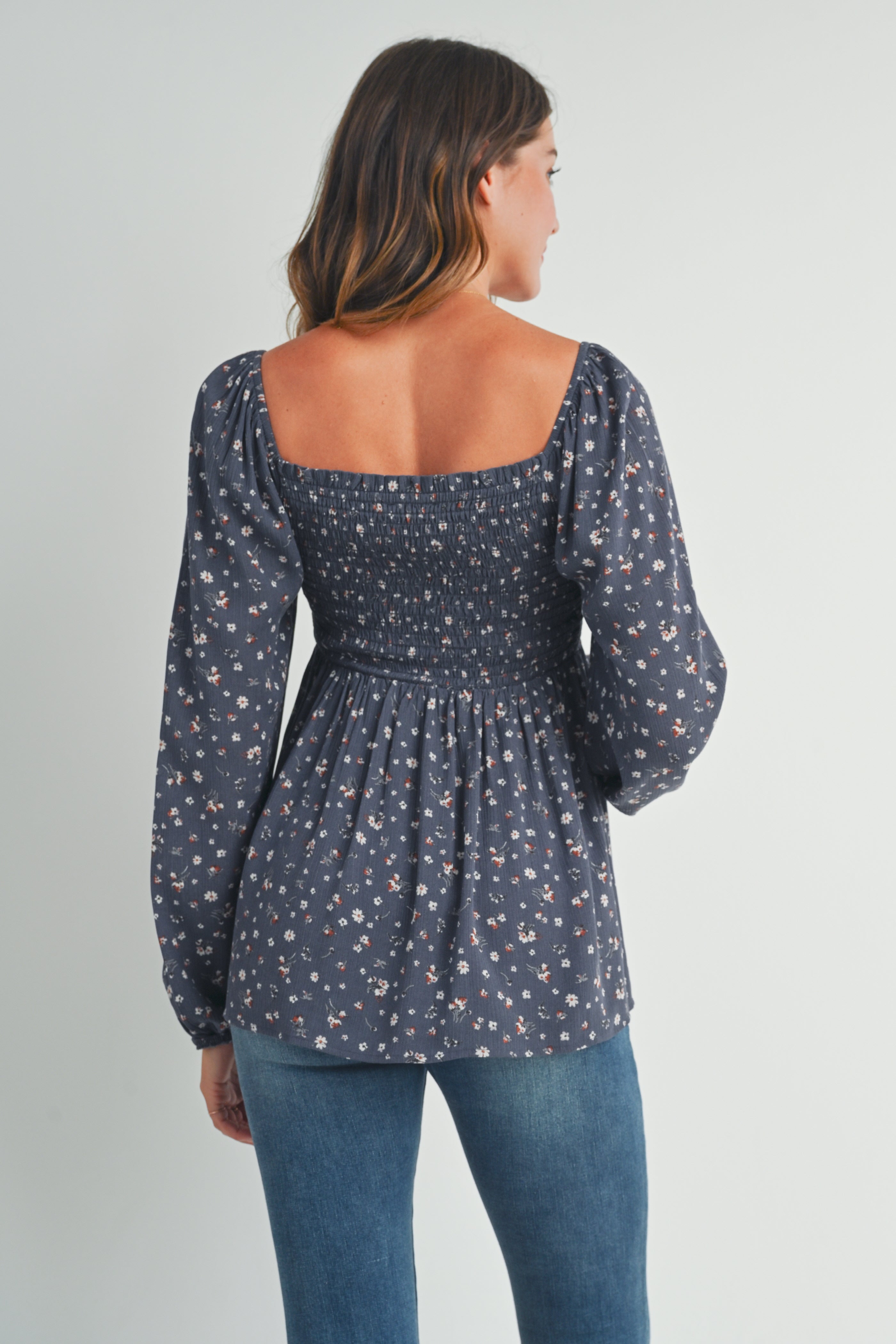 Navy Floral Print Square Neckline Smocked Maternity Blouse Back