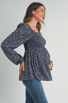Navy Floral Print Square Neckline Smocked Maternity Blouse Side