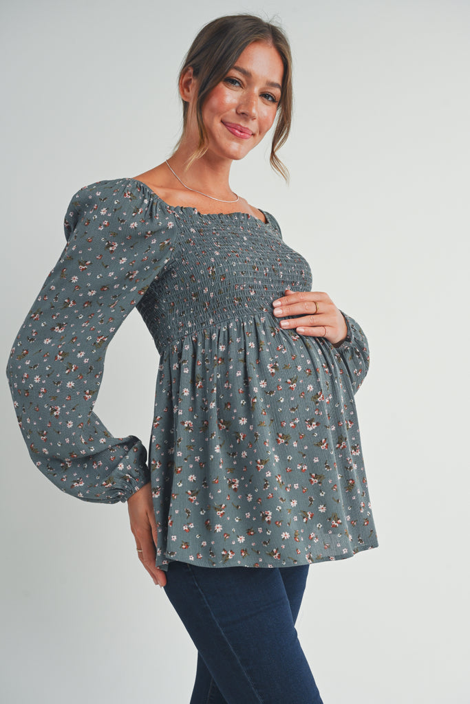 Dusty Green Floral Print Square Neckline Smocked Maternity Blouse Side