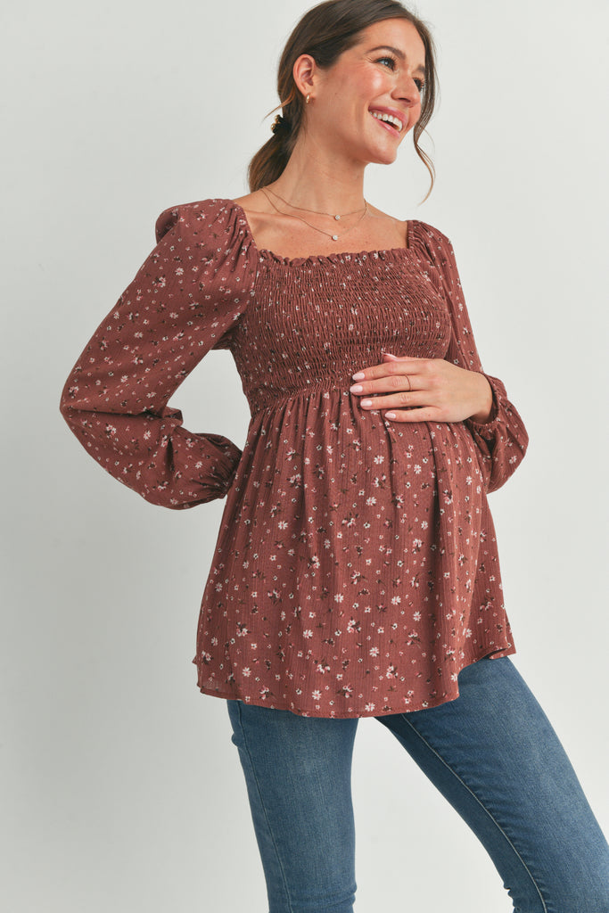 Brown Floral Print Square Neckline Smocked Maternity Blouse Side