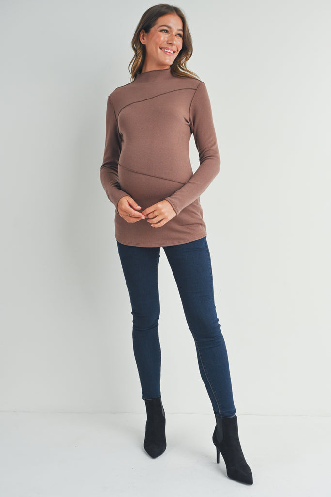 Brown Mock Neck Merrow Edge Detail Maternity Top Full Body