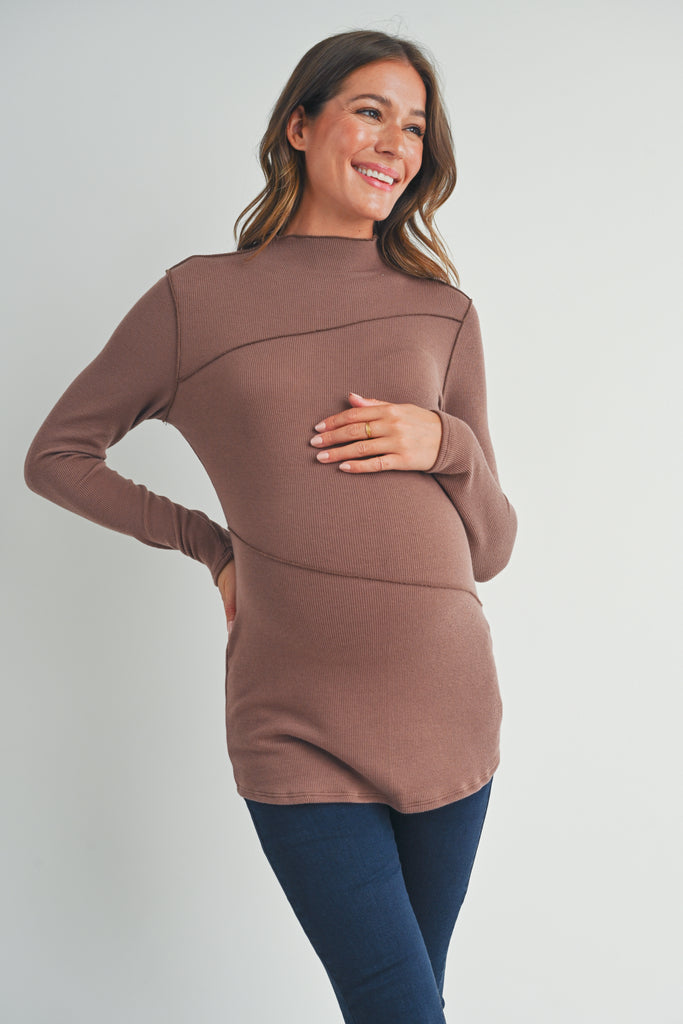 Brown Mock Neck Merrow Edge Detail Maternity Top Front