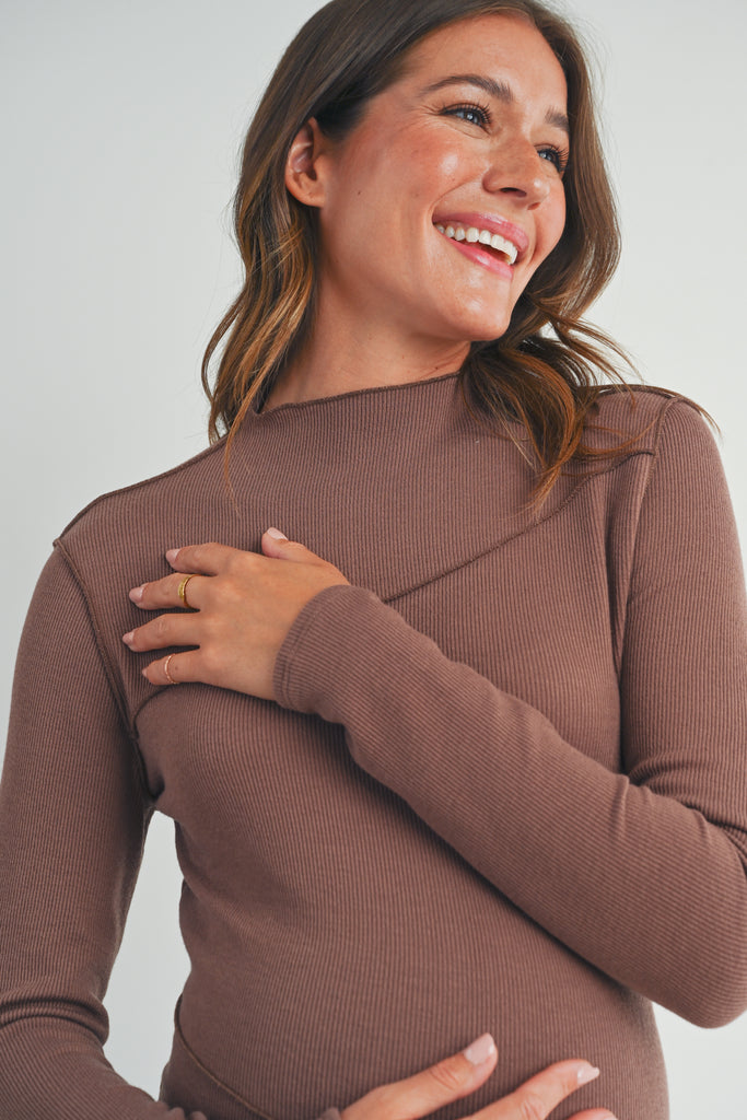 Brown Mock Neck Merrow Edge Detail Maternity Top Close Up