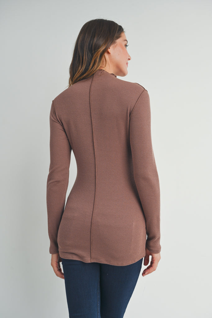 Brown Mock Neck Merrow Edge Detail Maternity Top Back