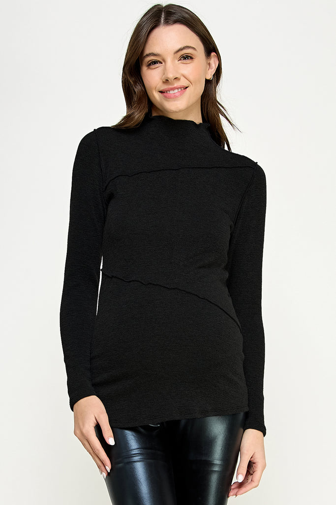 Black Mock Neck Merrow Edge Detail Maternity Top Front